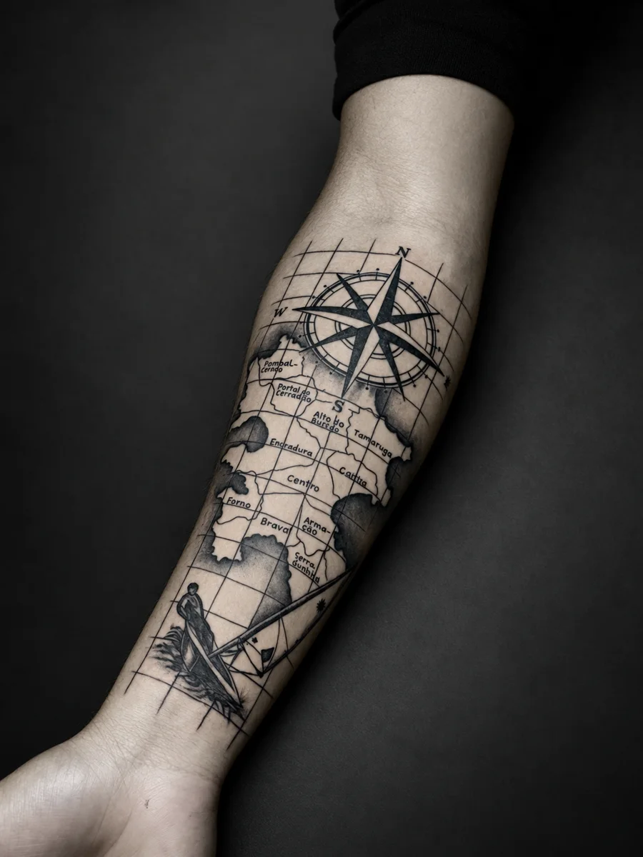 Tatuagem de bússola e geometria no antebraço, feita por Clarmino Lucas